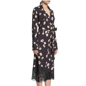 Lela Rose Double Breast Lace Trim‎ Floral Midi Wrap Dress Midnight Blue US 4